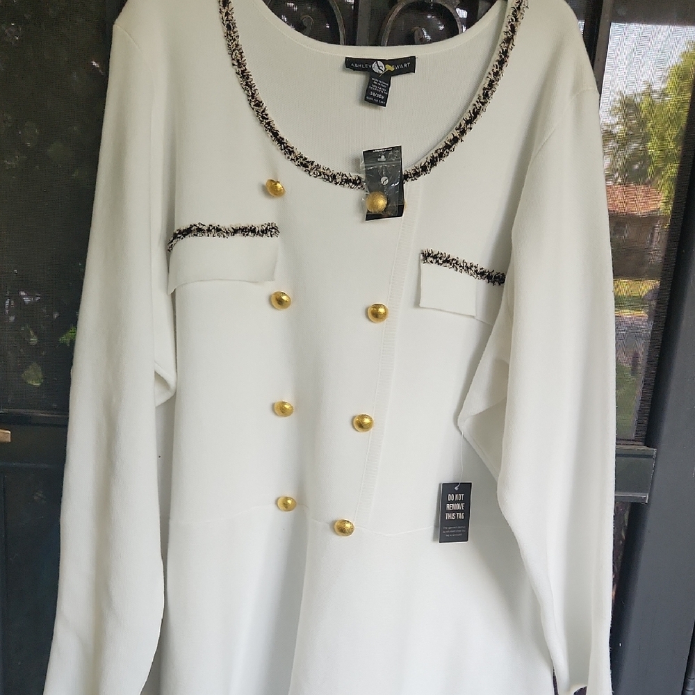 Ashley Stewart Elegant White Dress with Gold Buttons - Picture 2 of 8